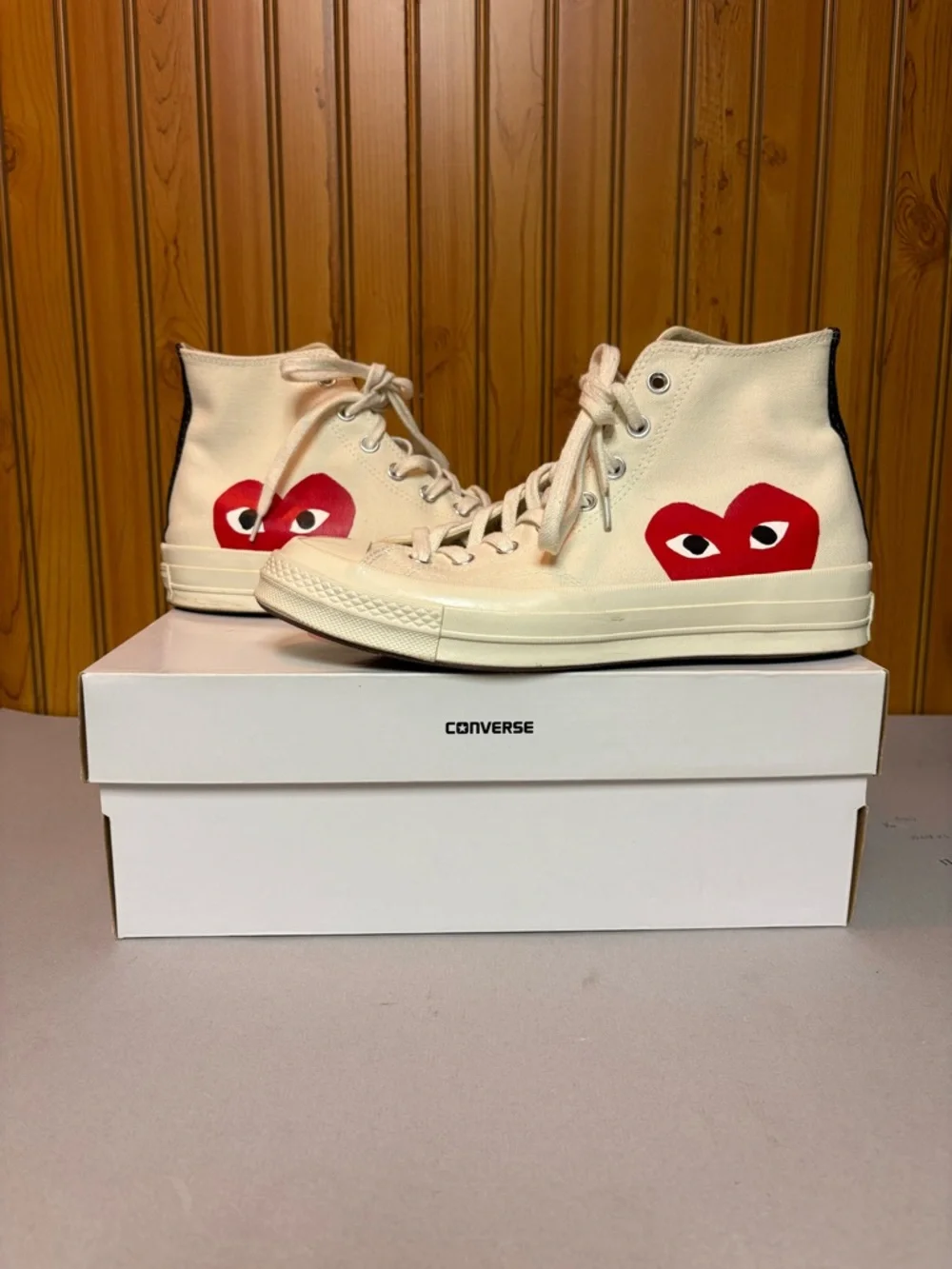 Converse Chuck Taylor High Top in Cream with Red Heart Graphics - Picture 1 of 8